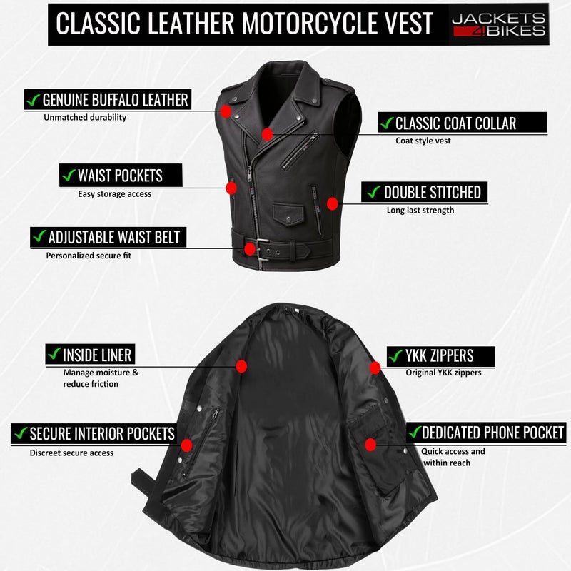Jackets 4 Bikes Men's Classic Buffalo Leather Motorcycle Biker Vest | Vintage Cruiser Vest for Men, | Stylish Street Club Riding Black XL - Image 5